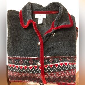 RARE Vintage Talbots Fair Isle Fleece w/Velvet Trim Grey Silver Buttons Cardigan